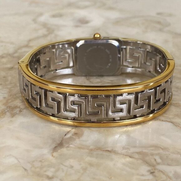 Greek Key Gold & Silver Tone Cuff Hinged Bangle Watch - Picture 7 of 12